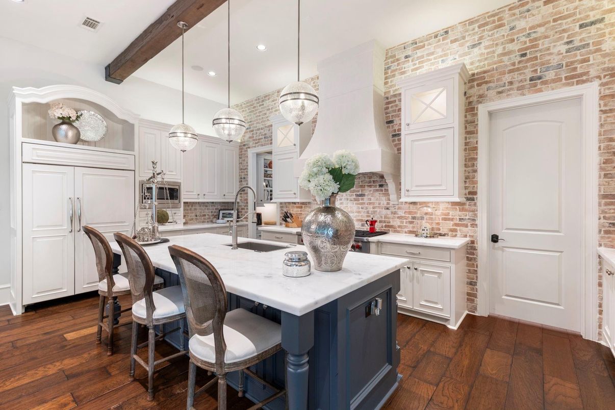 Interior, Kitchen, Pendant Lights, Recessed Lighting, Stainless Steel Appliances, Stone Walls, Wooden Beams, Wood Texture Flooring