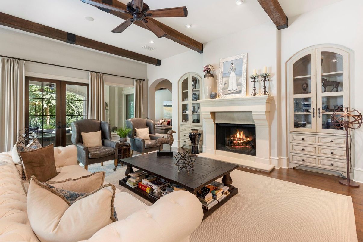 Fireplace, Interior, Living room, Recessed Lighting, Wooden Beams, Wood Texture Flooring