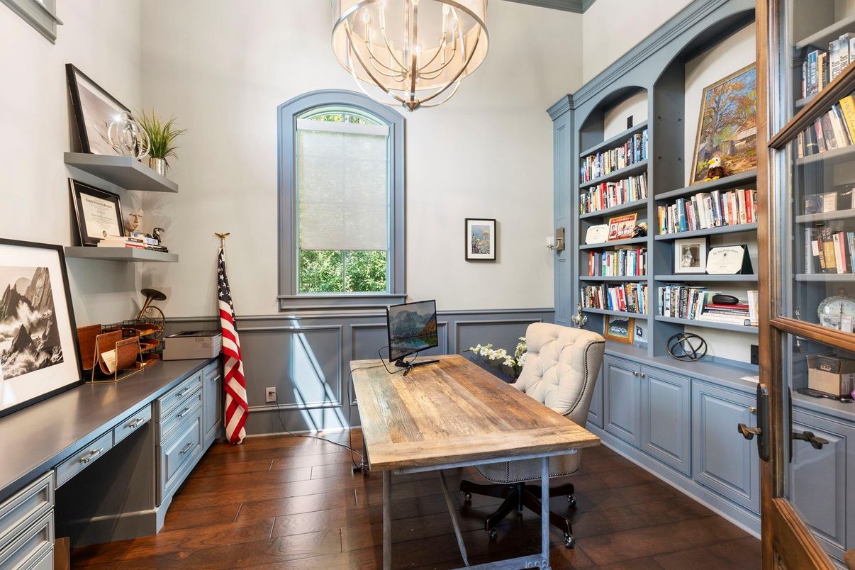 Chandelier, Home Office, Interior, Pendant Lights, Wood Texture Flooring