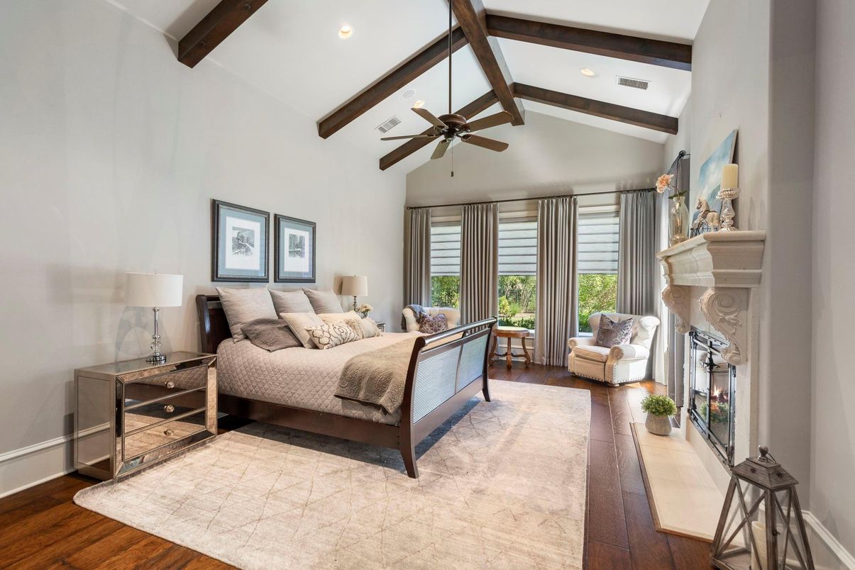 Bedroom, Fireplace, Interior, Recessed Lighting, Wooden Beams, Wood Texture Flooring