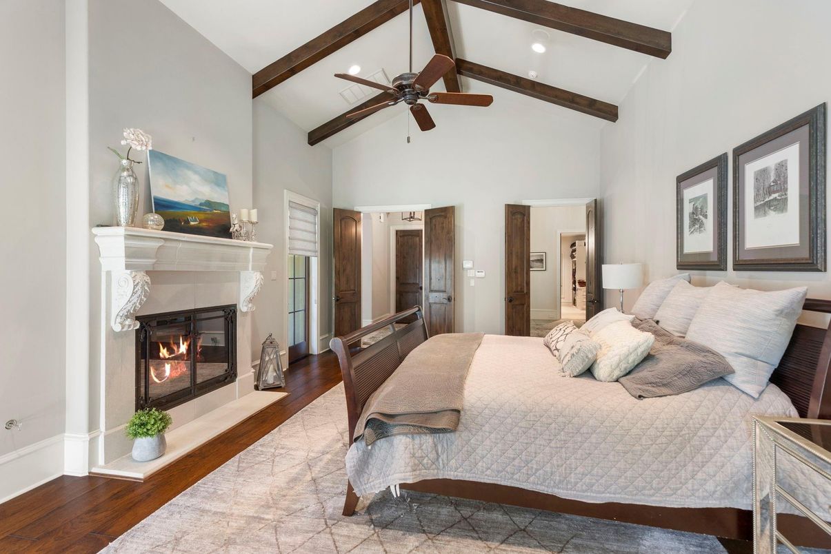 Bedroom, Fireplace, Interior, Recessed Lighting, Wooden Beams, Wood Texture Flooring