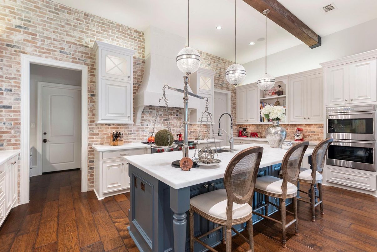 Interior, Kitchen, Pendant Lights, Recessed Lighting, Stainless Steel Appliances, Stone Walls, Wooden Beams, Wood Texture Flooring