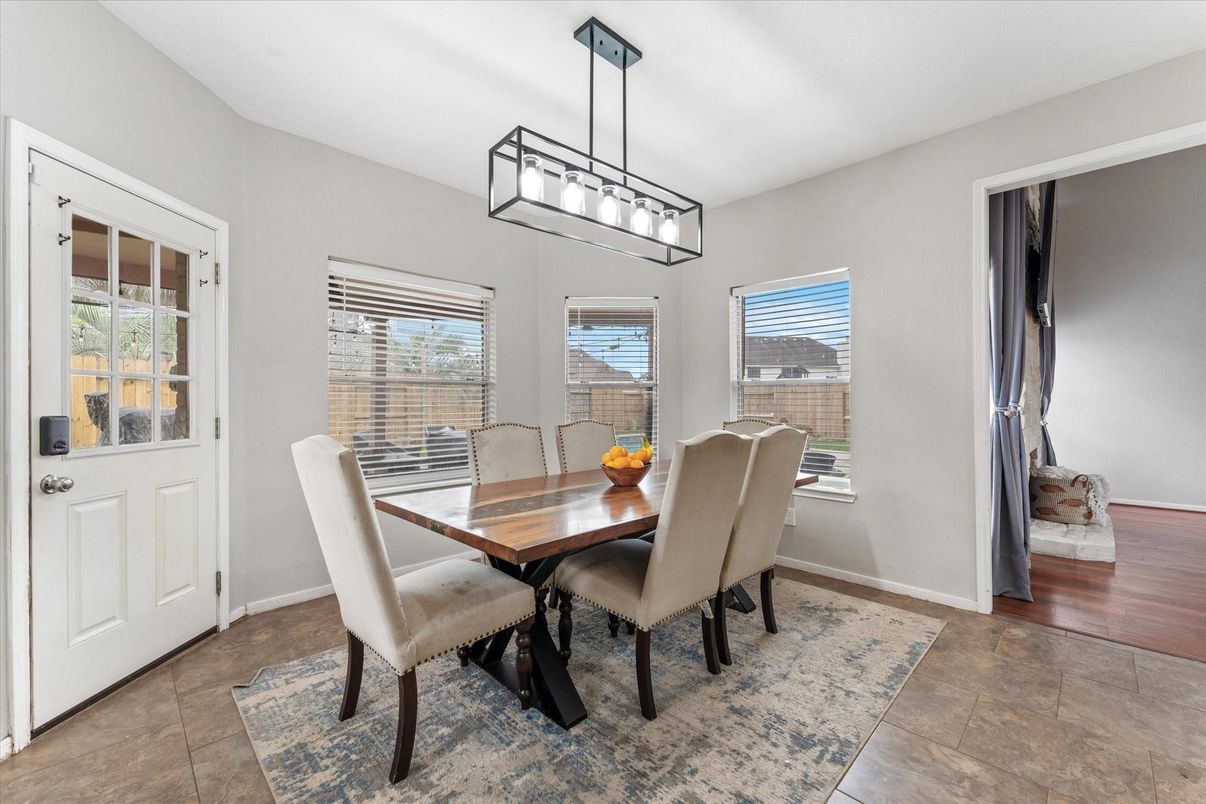 Dining room, Interior, Pendant Lights, Wood Texture Flooring