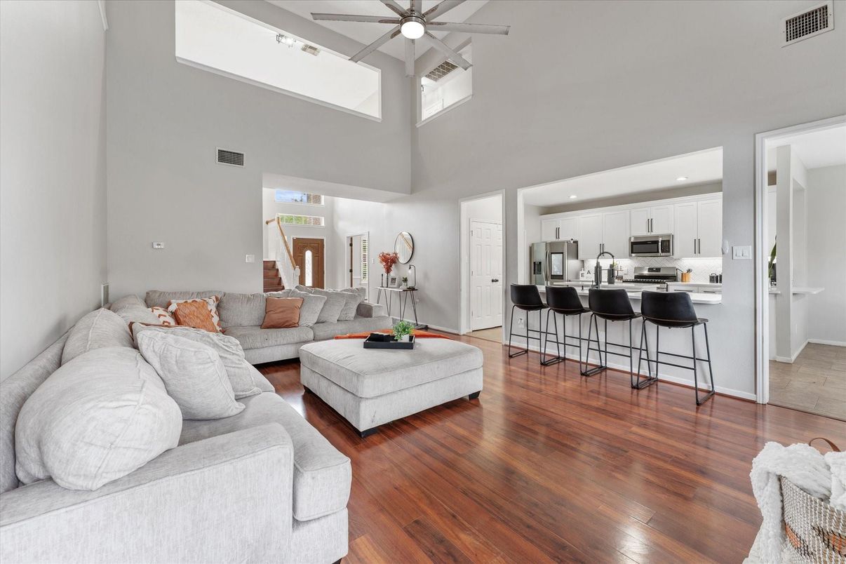 Interior, Kitchen, Living room, Recessed Lighting, Stainless Steel Appliances, Wood Texture Flooring