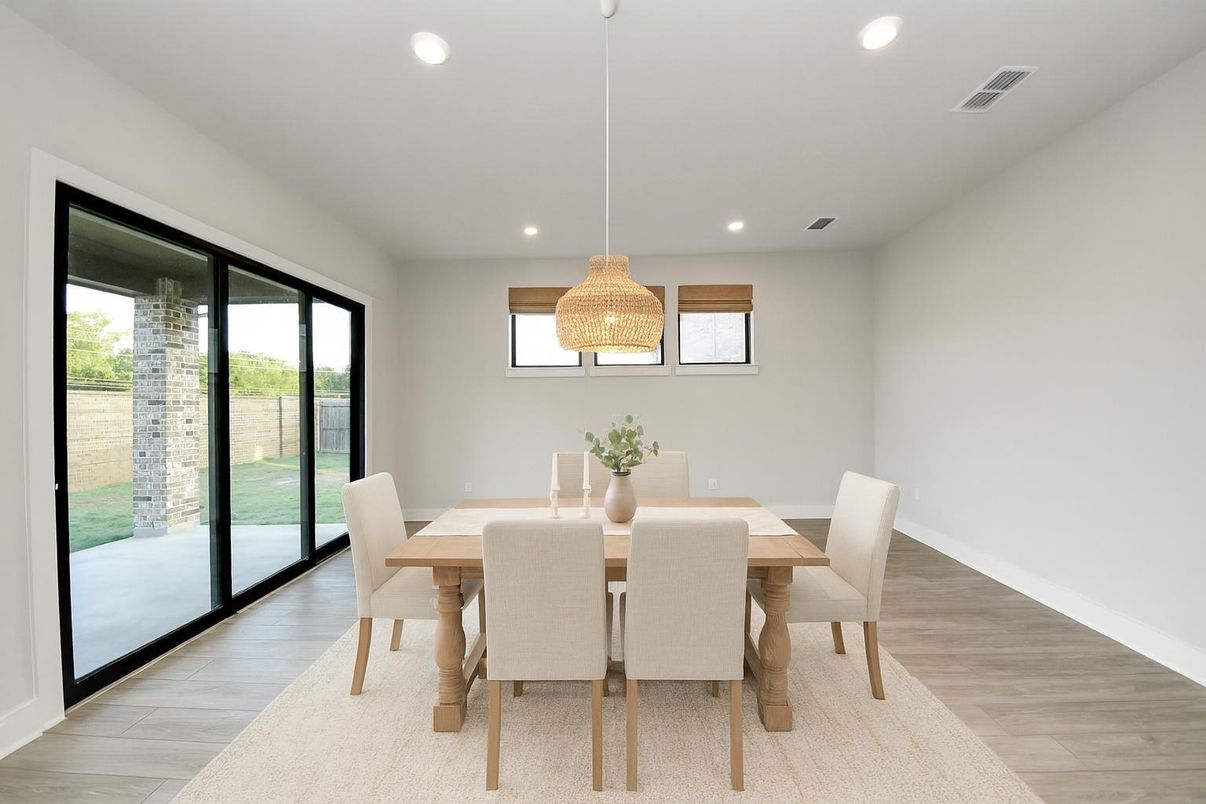 Dining room, Interior, Recessed Lighting, Wood Texture Flooring