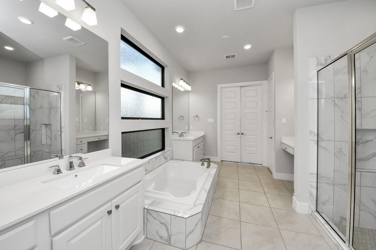 Bathroom, Dual Sink Vanities, Glass Shower, Interior, Marble Walls, Recessed Lighting