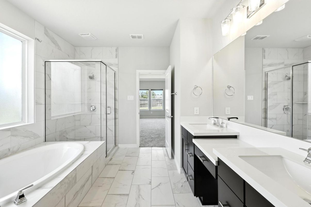 Bathroom, Dual Sink Vanities, Glass Shower, Interior, Marble, Marble Walls, Recessed Lighting