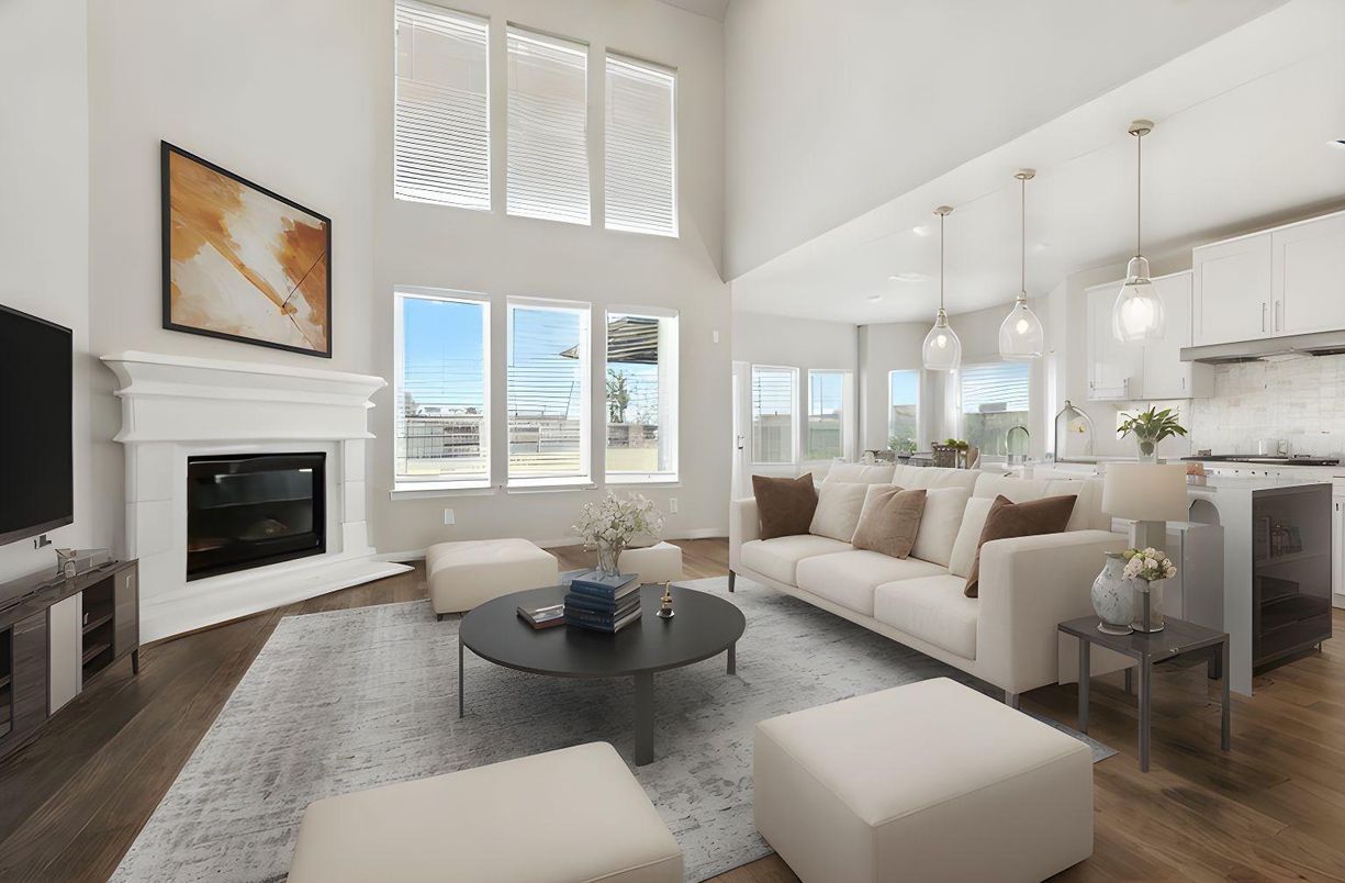 Fireplace, Interior, Kitchen, Living room, Pendant Lights, Recessed Lighting, Wood Texture Flooring