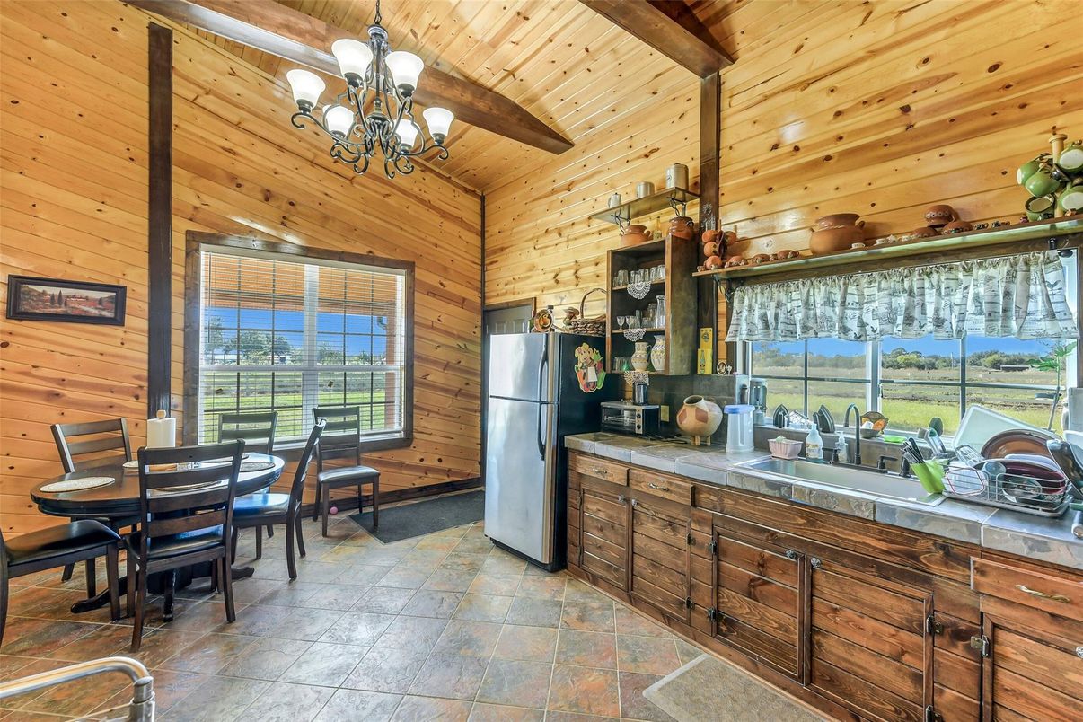 Chandelier, Dining room, Interior, Wooden Beams, Wooden Ceilings, Wooden Walls