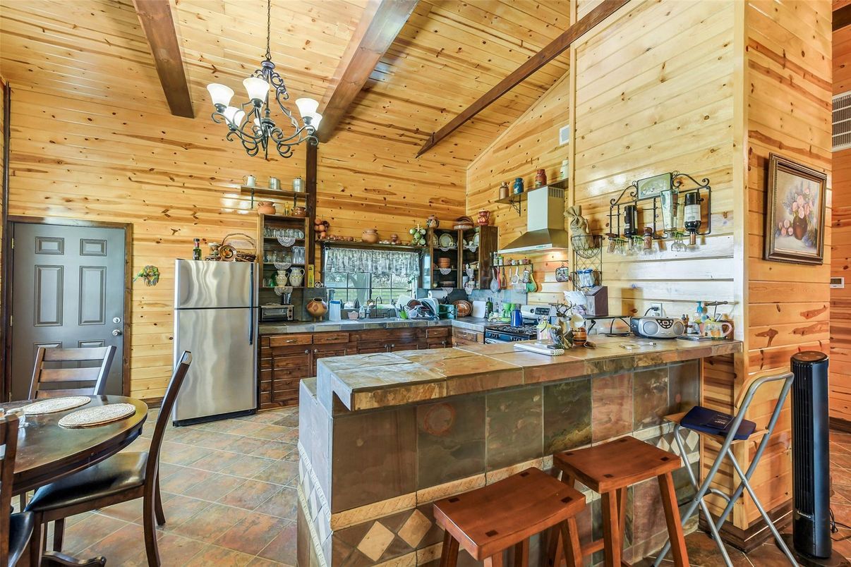 Chandelier, Interior, Kitchen, Tile Countertops, Wooden Beams, Wooden Ceilings, Wooden Walls