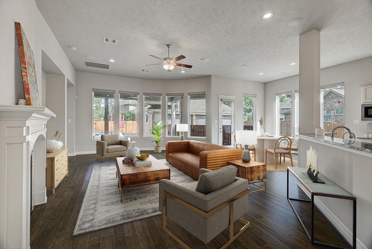 Dining room, Fireplace, Interior, Living room, Recessed Lighting, Wood Texture Flooring