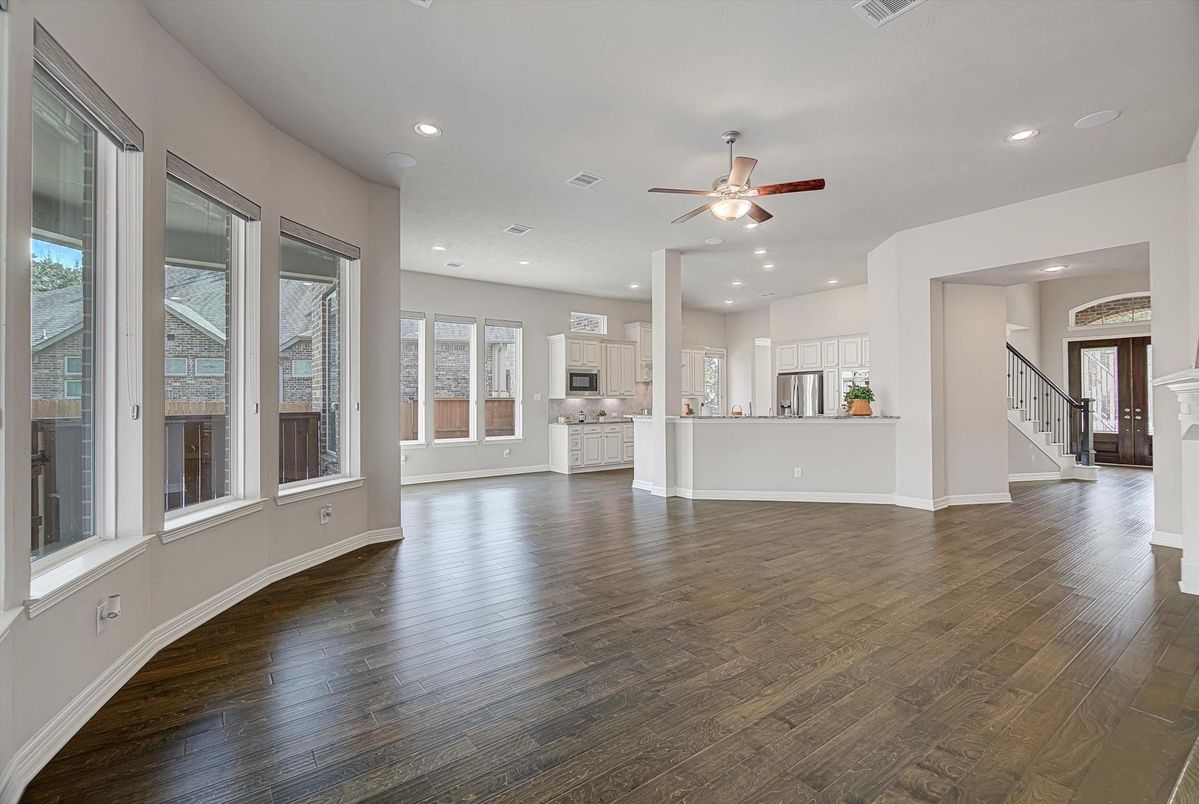 Empty room, Interior, Kitchen, Recessed Lighting, Wood Texture Flooring