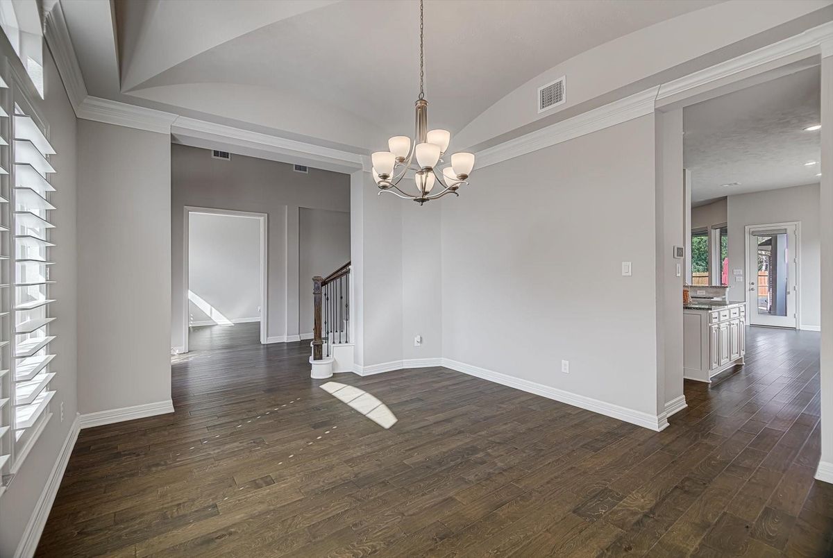 Chandelier, Empty room, Interior, Pendant Lights, Recessed Lighting, Wood Texture Flooring