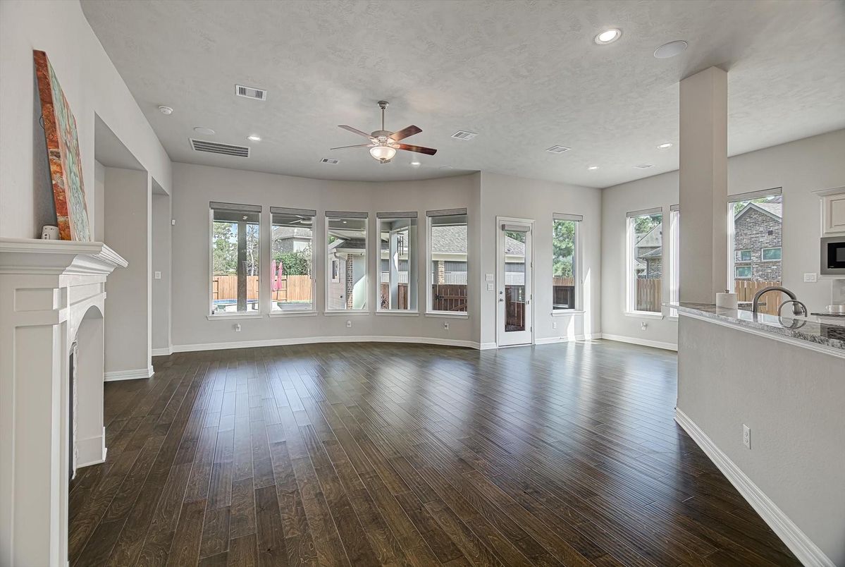 Empty room, Fireplace, Interior, Recessed Lighting, Wood Texture Flooring
