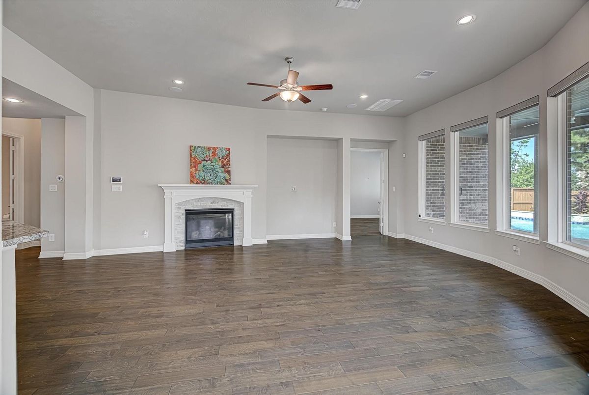 Empty room, Fireplace, Interior, Recessed Lighting, Wood Texture Flooring