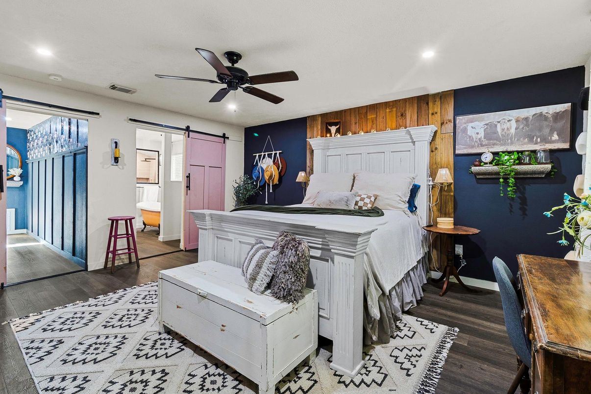 Bedroom, Interior, Recessed Lighting, Wood Texture Flooring, Wooden Walls