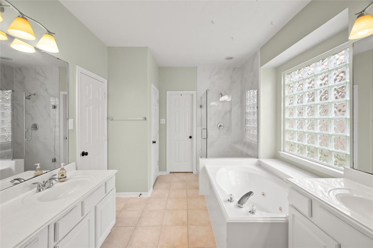 Bathroom, Dual Sink Vanities, Glass Shower, Interior, Marble Walls