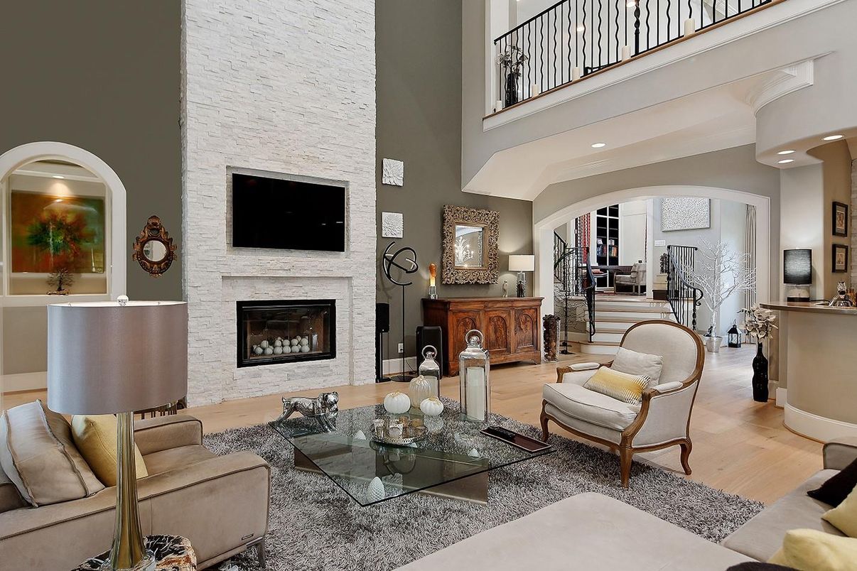 Fireplace, Interior, Living room, Recessed Lighting, Stone Walls, Wood Texture Flooring