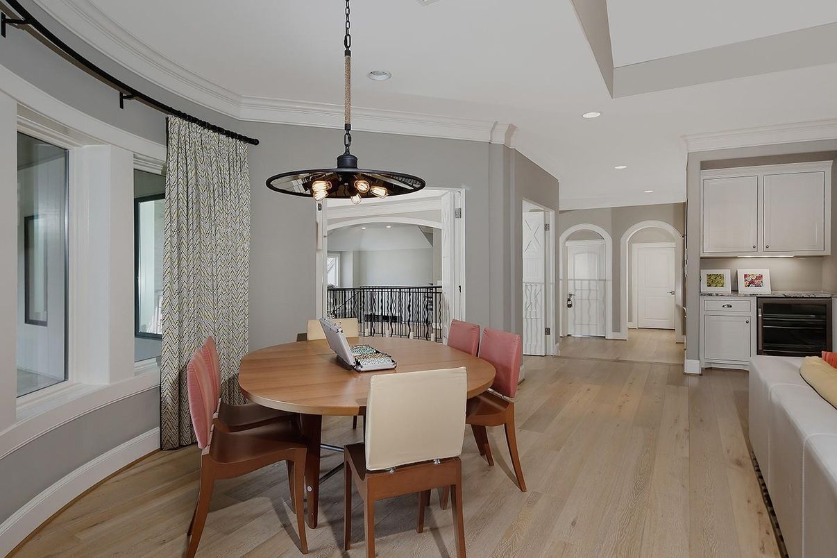 Chandelier, Dining room, Interior, Pendant Lights, Recessed Lighting, Wood Texture Flooring