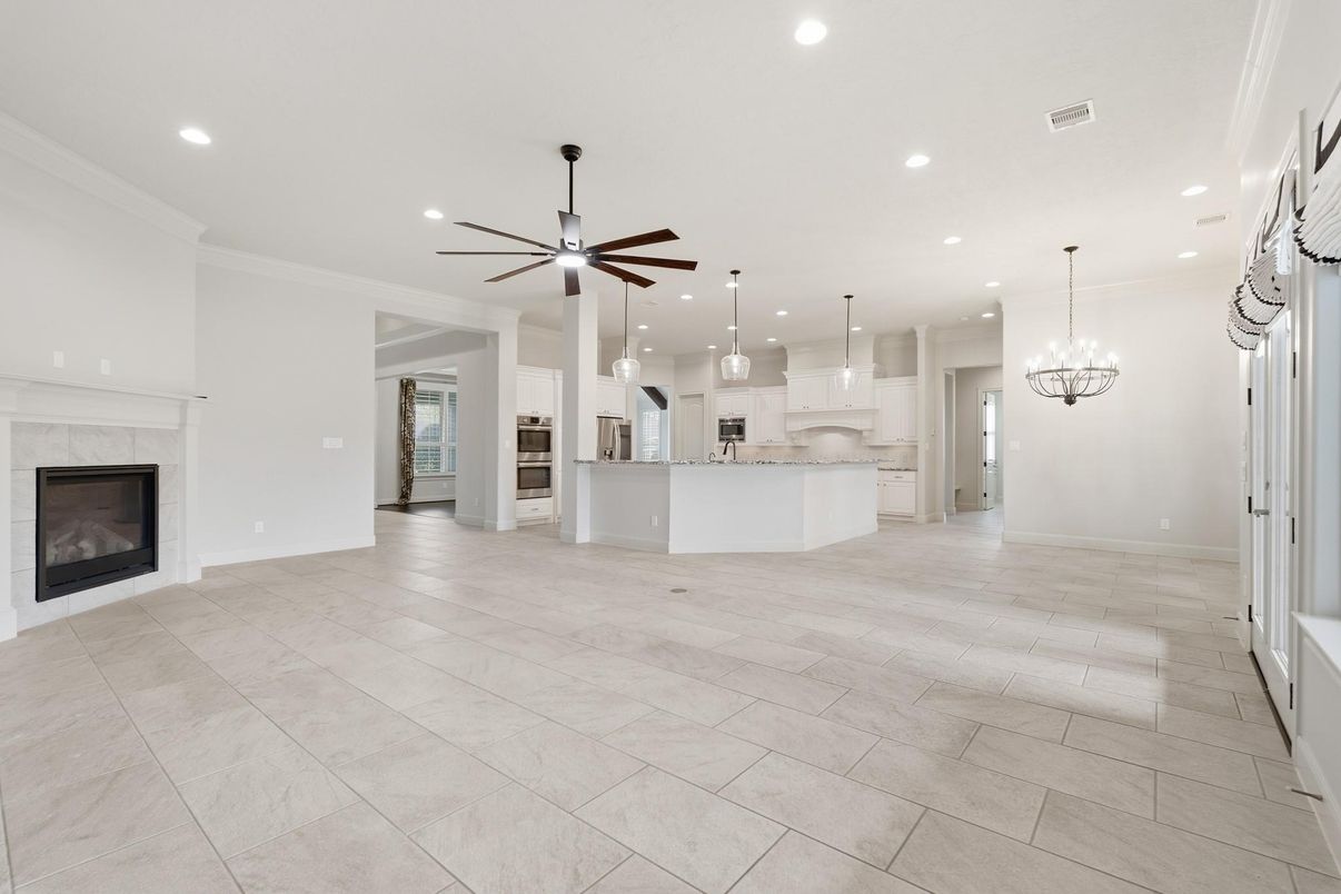 Chandelier, Empty room, Fireplace, Interior, Kitchen, Pendant Lights, Recessed Lighting