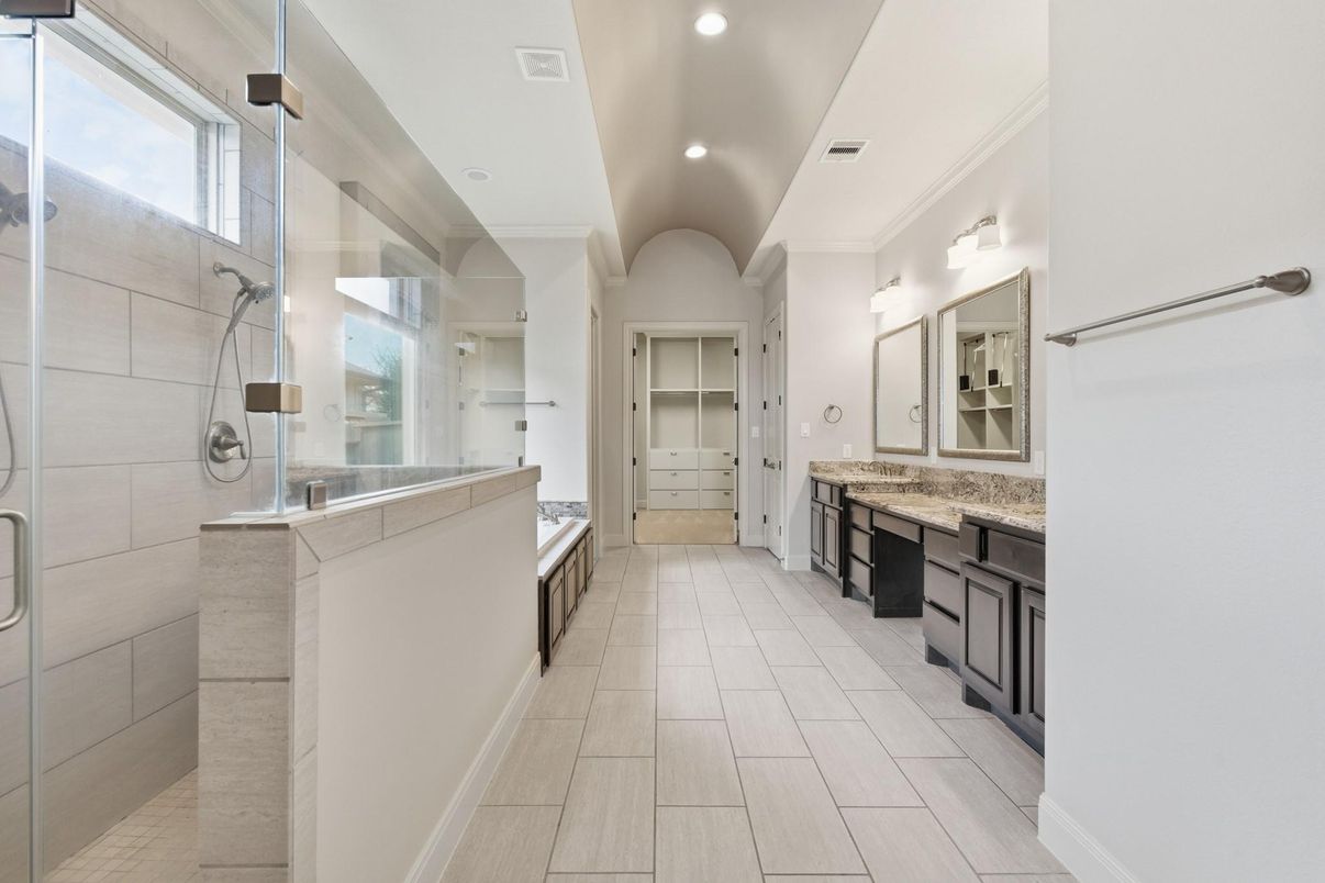 Bathroom, Dual Sink Vanities, Glass Shower, Interior, Recessed Lighting