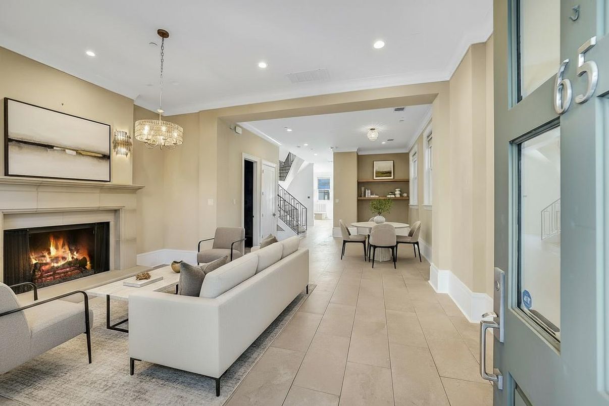 Chandelier, Dining room, Fireplace, Interior, Living room, Pendant Lights, Recessed Lighting