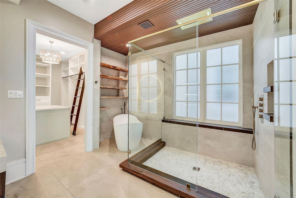 Bathroom, Chandelier, Free Standing Baths, Glass Shower, Interior, Recessed Lighting