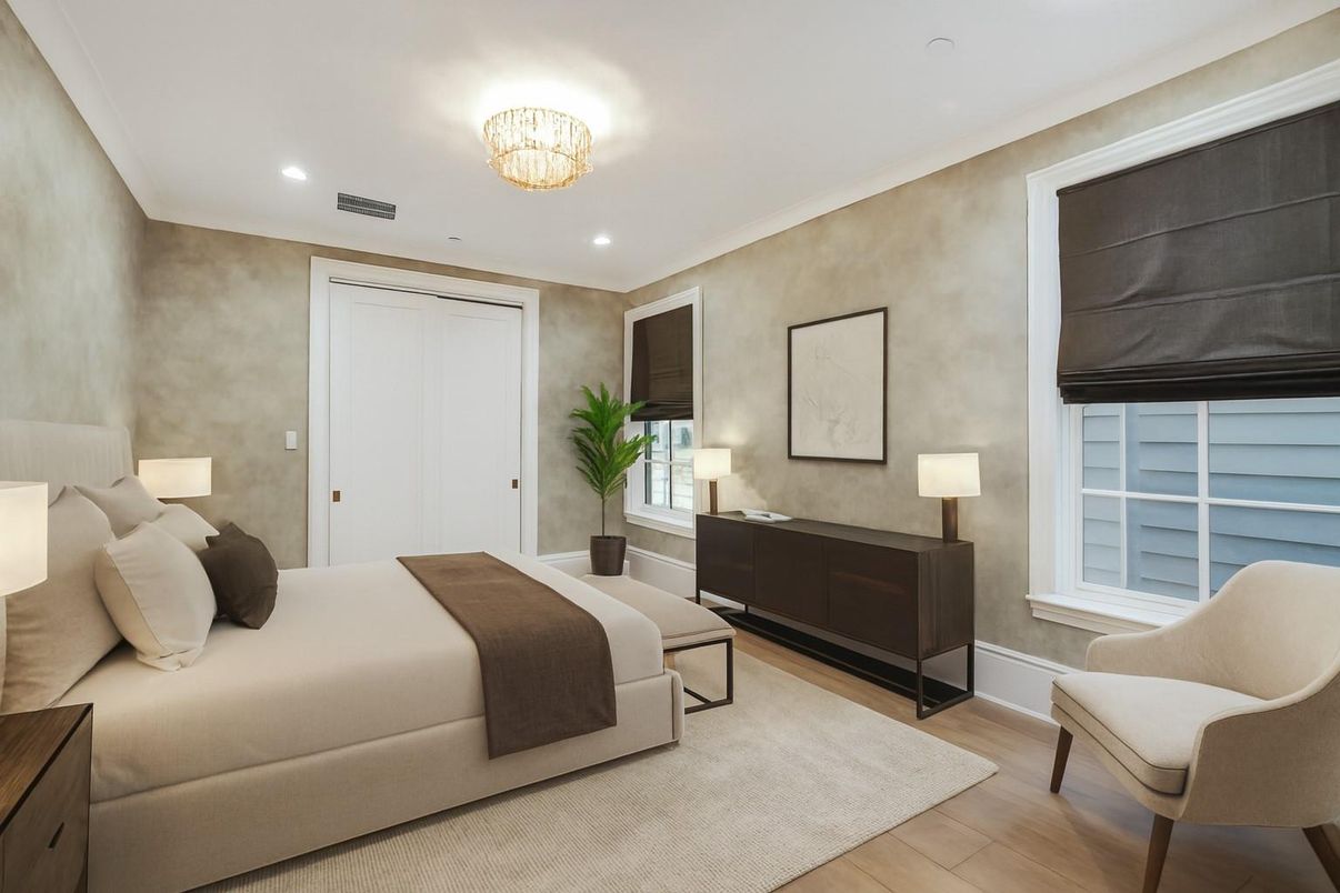 Bedroom, Chandelier, Interior, Recessed Lighting, Wood Texture Flooring