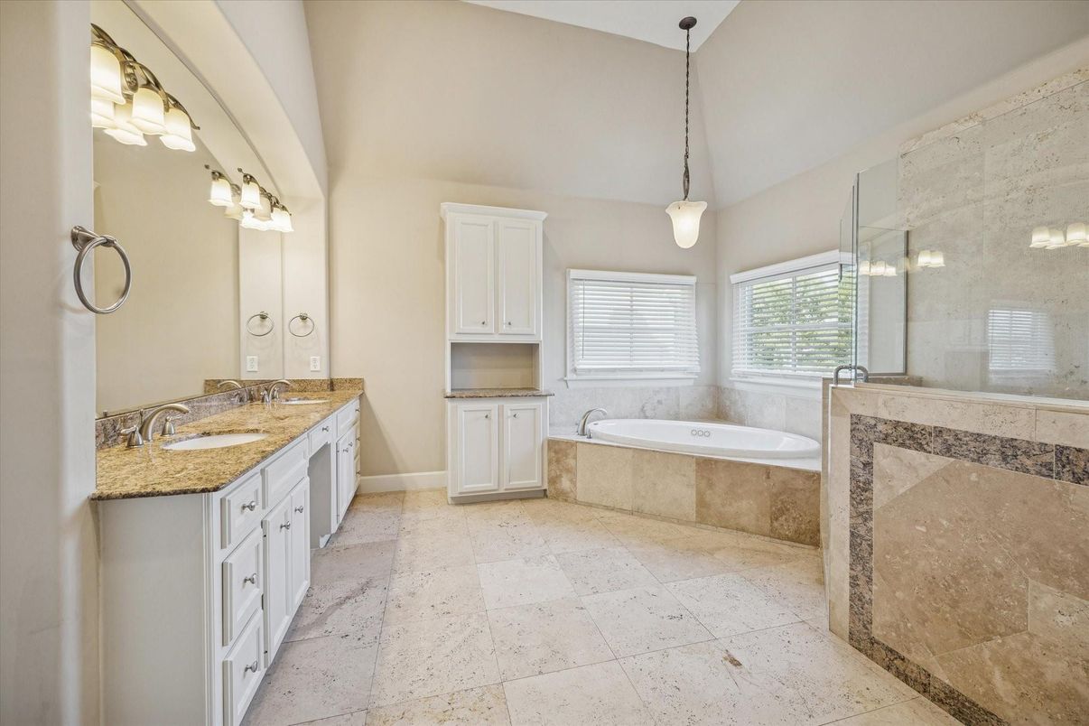 Bathroom, Dual Sink Vanities, Glass Shower, Interior, Pendant Lights
