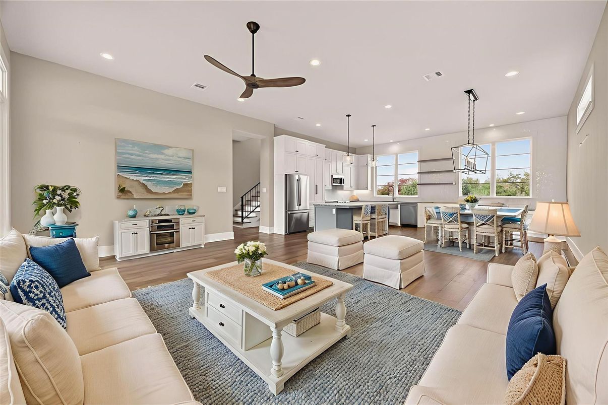 Dining room, Interior, Kitchen, Living room, Pendant Lights, Recessed Lighting, Stainless Steel Appliances, Wood Texture Flooring