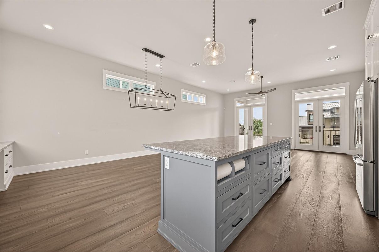 Interior, Kitchen, Pendant Lights, Recessed Lighting, Wood Texture Flooring