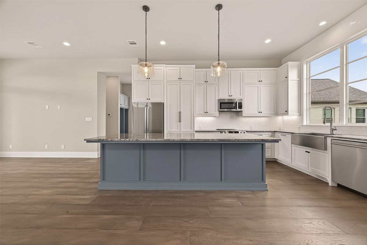 Interior, Kitchen, Pendant Lights, Recessed Lighting, Stainless Steel Appliances, Wood Texture Flooring