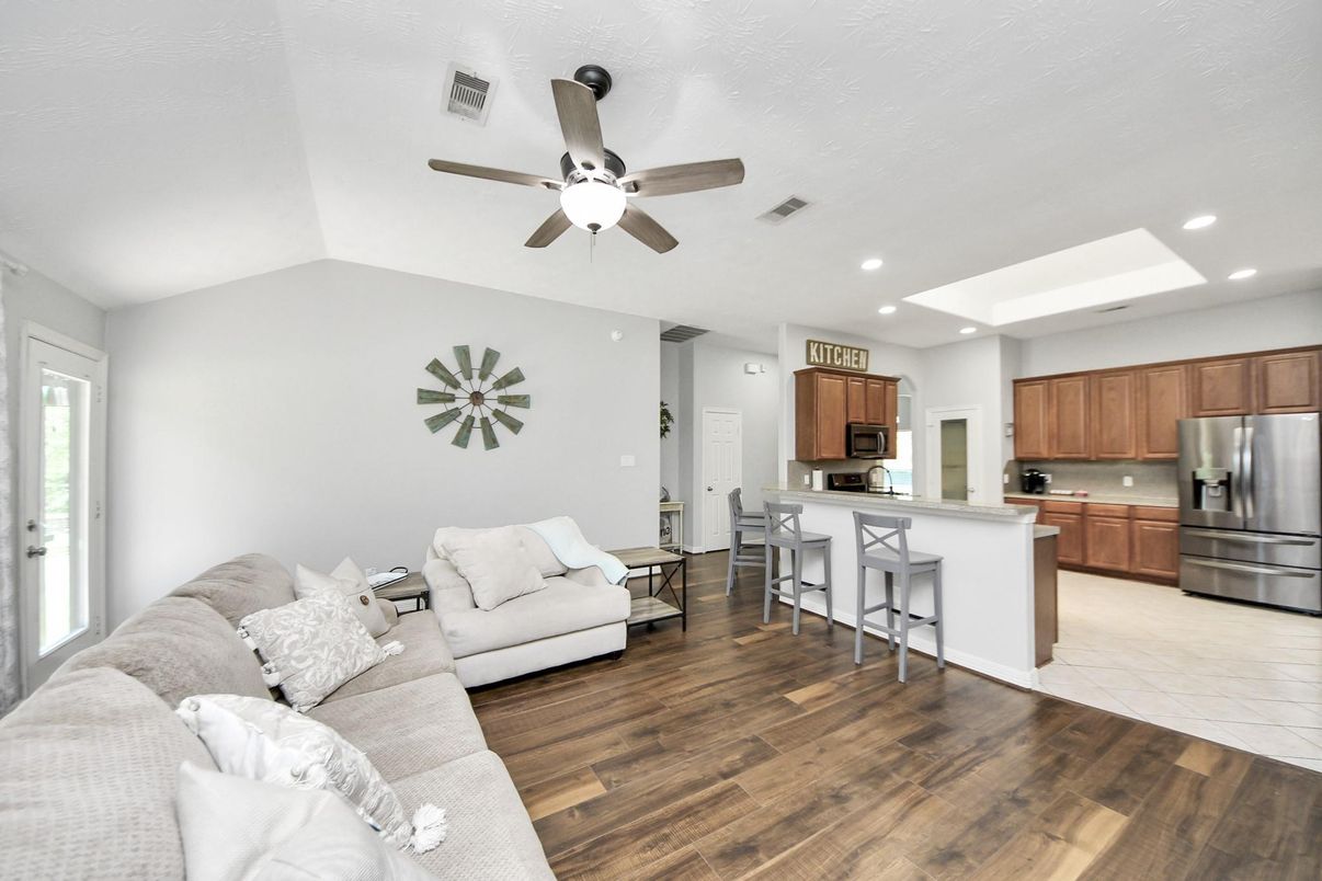 Interior, Kitchen, Living room, Recessed Lighting, Stainless Steel Appliances, Wood Texture Flooring