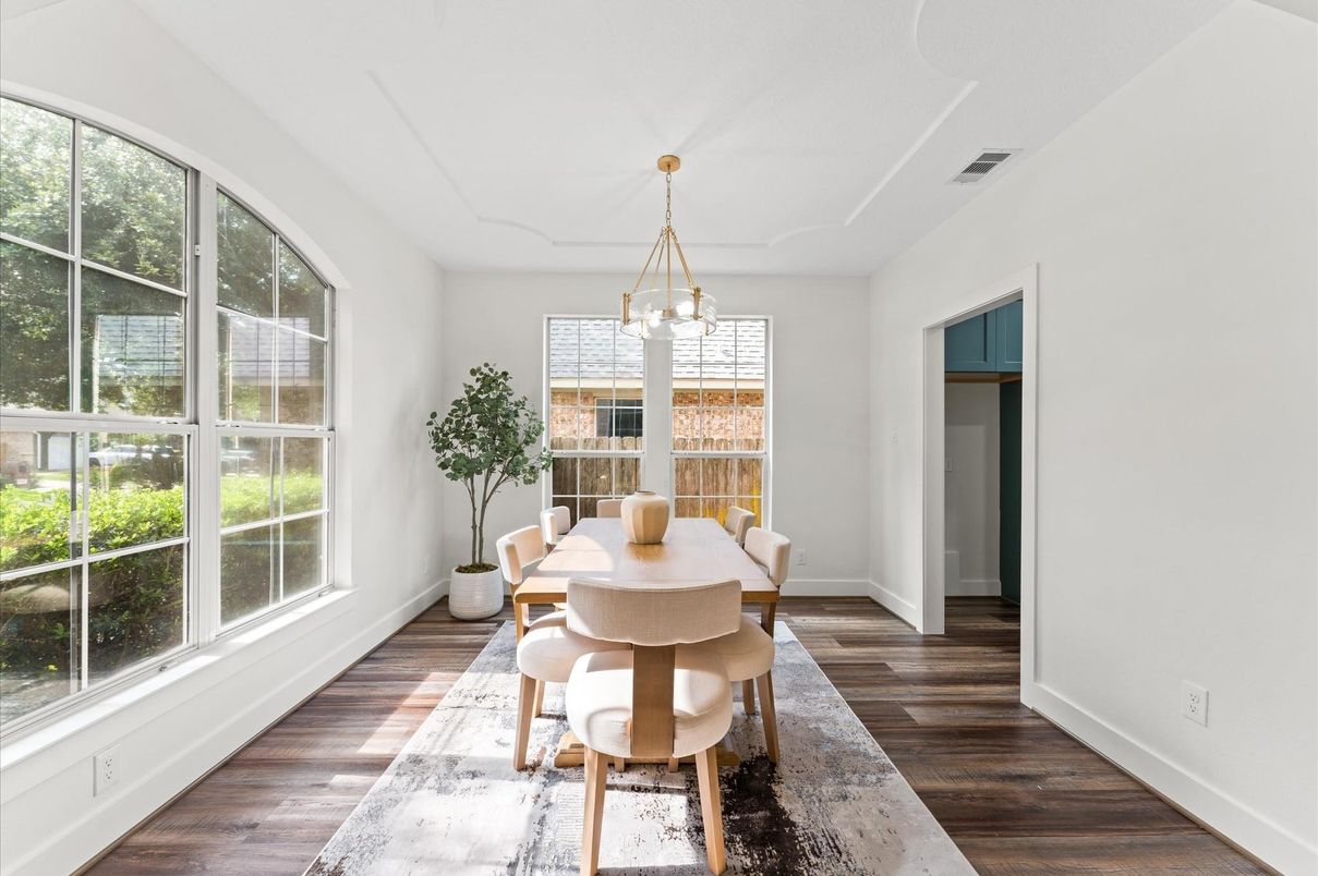 Dining room, Interior, Pendant Lights, Wood Texture Flooring