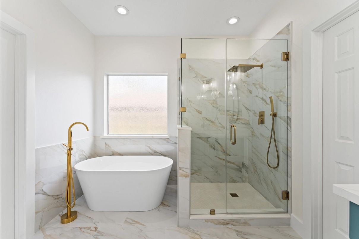 Bathroom, Free Standing Baths, Glass Shower, Interior, Marble, Marble Walls, Recessed Lighting