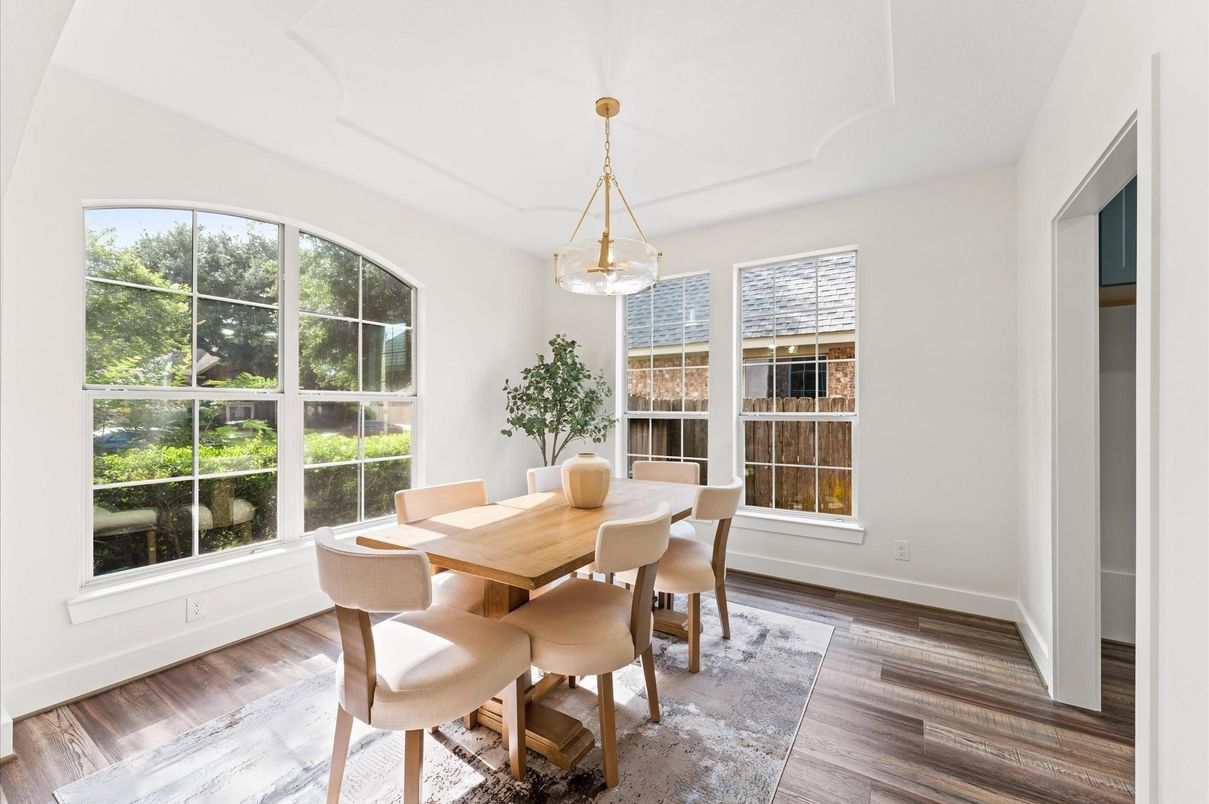 Dining room, Interior, Pendant Lights, Wood Texture Flooring