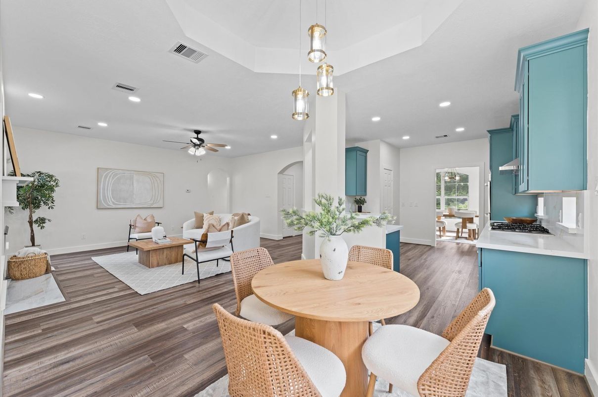 Dining room, Interior, Living room, Pendant Lights, Recessed Lighting, Wood Texture Flooring