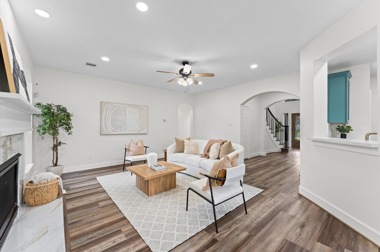 Fireplace, Interior, Living room, Recessed Lighting, Wood Texture Flooring