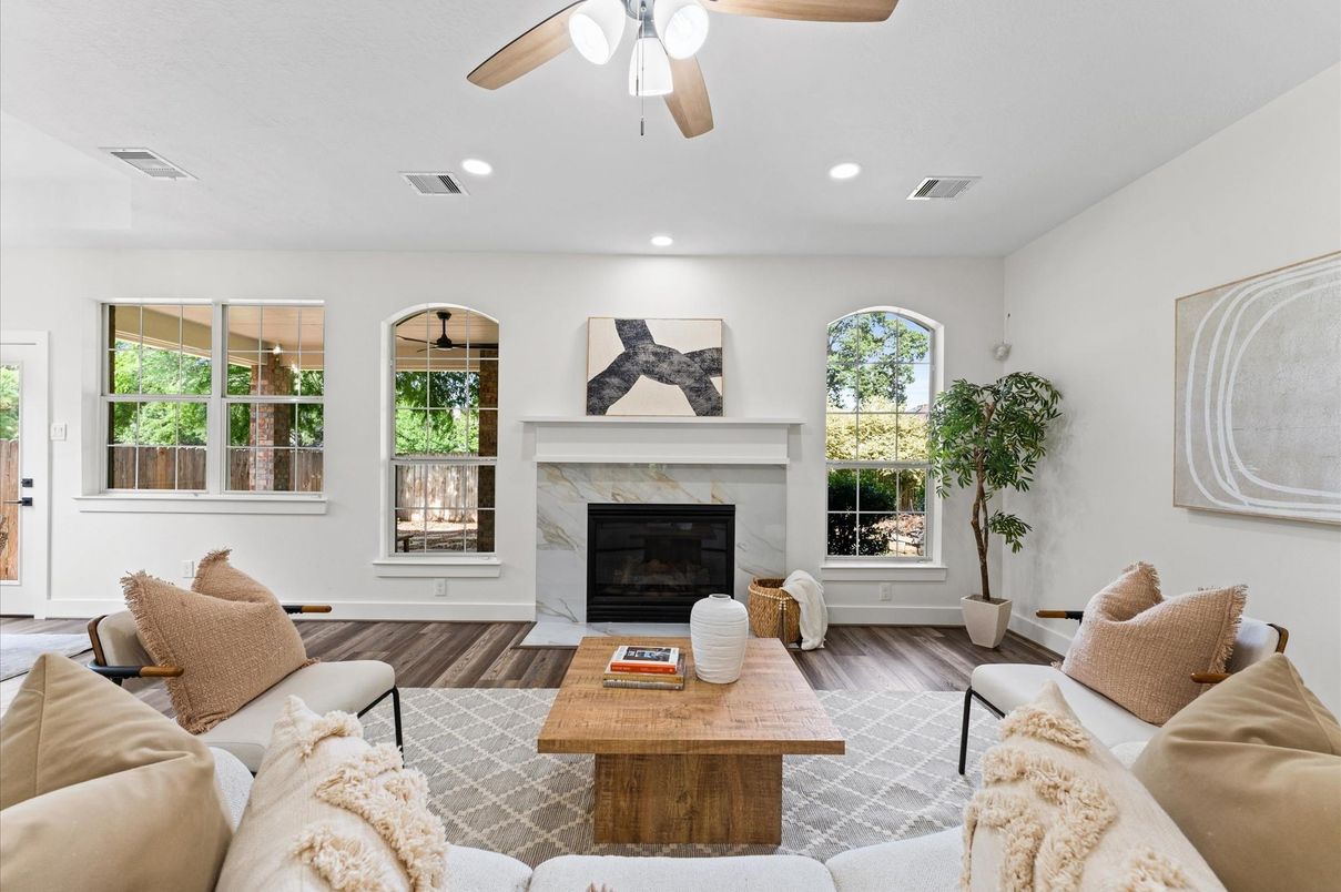 Fireplace, Interior, Living room, Recessed Lighting, Wood Texture Flooring