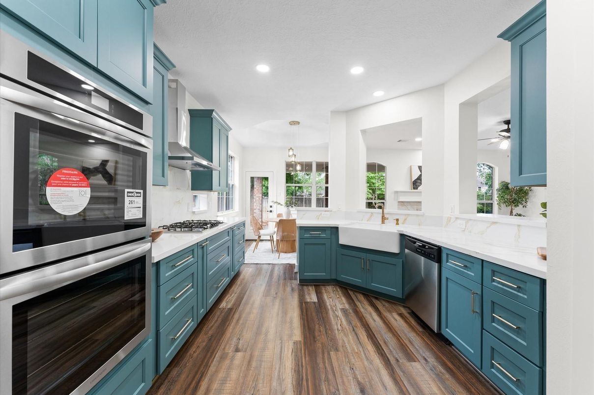 Interior, Kitchen, Pendant Lights, Recessed Lighting, Stainless Steel Appliances, Wood Texture Flooring