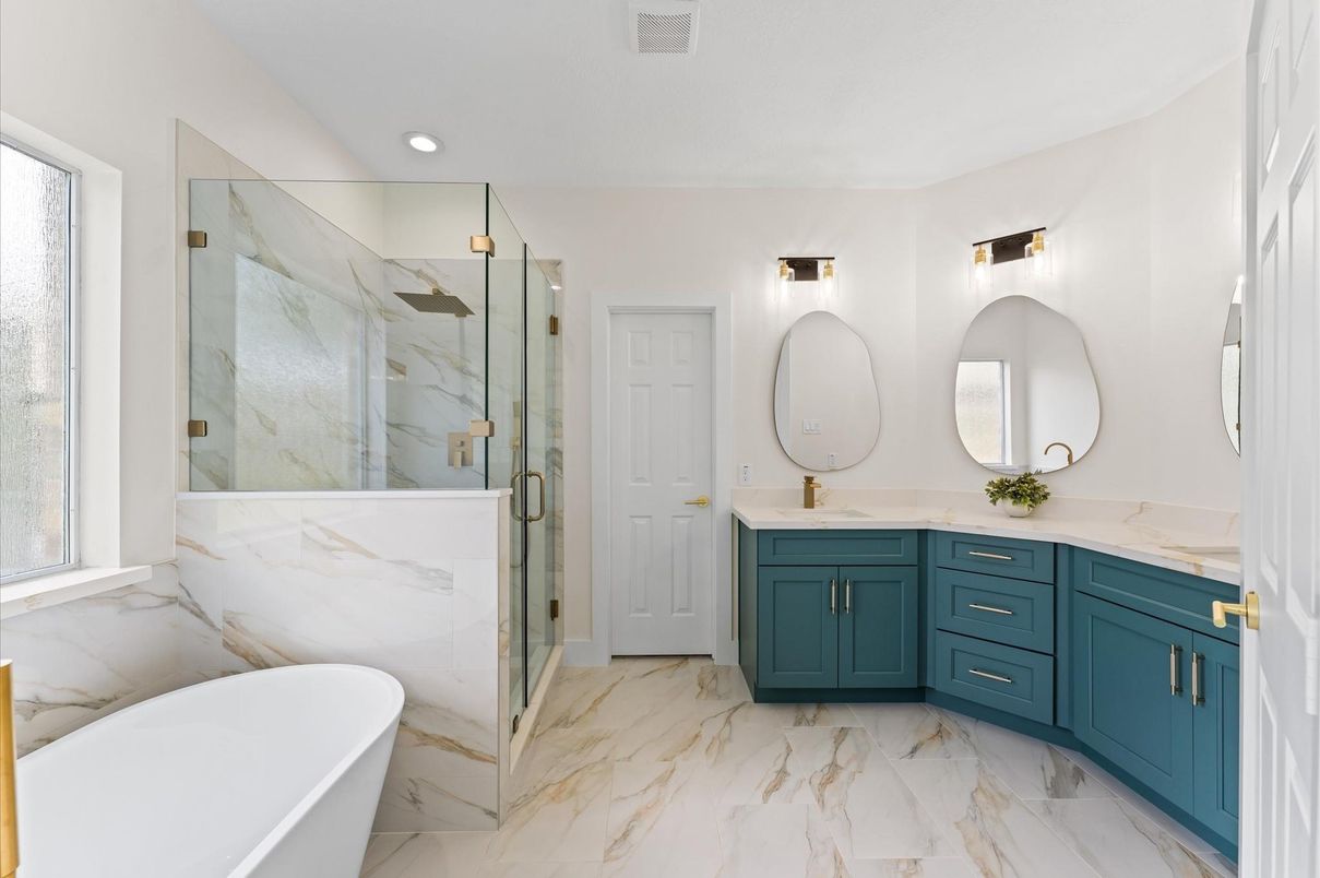 Bathroom, Dual Sink Vanities, Free Standing Baths, Glass Shower, Interior, Marble, Marble Walls, Recessed Lighting
