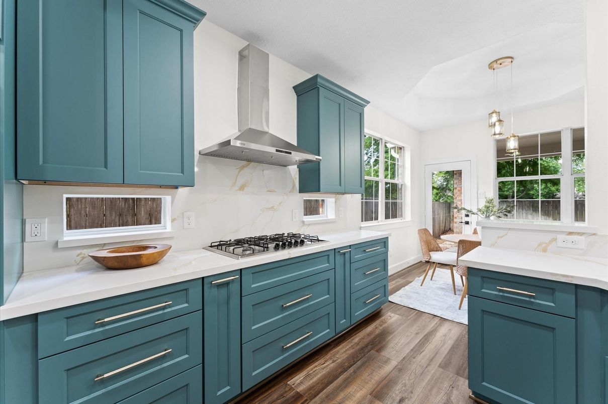Interior, Kitchen, Pendant Lights, Stainless Steel Appliances, Wood Texture Flooring