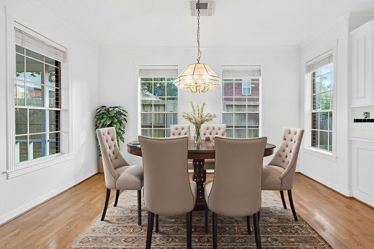 Dining room, Interior, Pendant Lights, Wood Texture Flooring