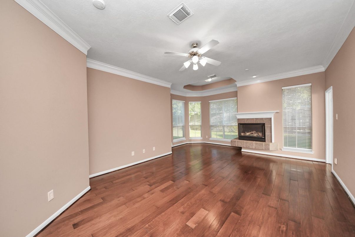 Empty room, Fireplace, Interior, Recessed Lighting, Wood Texture Flooring