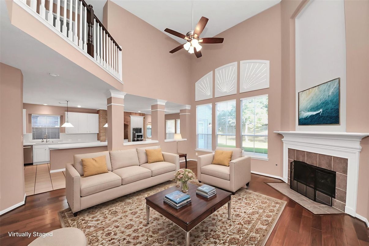 Fireplace, Interior, Kitchen, Living room, Pendant Lights, Recessed Lighting, Wood Texture Flooring