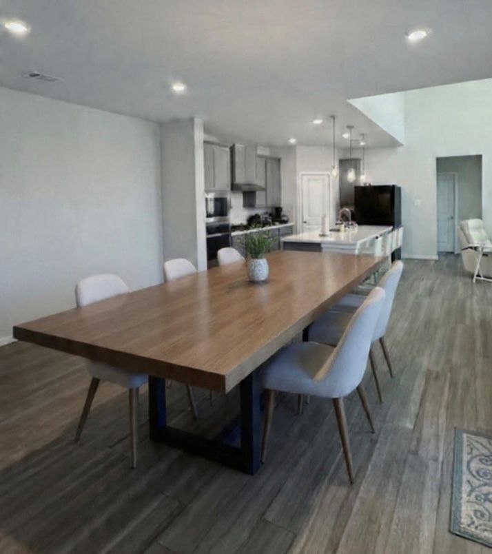 Dining room, Interior, Kitchen, Pendant Lights, Recessed Lighting, Stainless Steel Appliances, Wood Texture Flooring