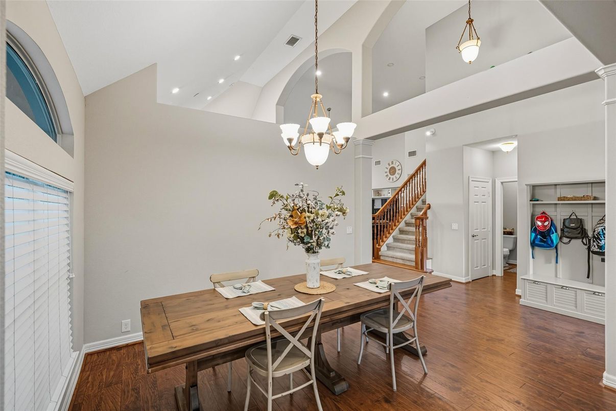 Chandelier, Dining room, Interior, Pendant Lights, Recessed Lighting, Wood Texture Flooring