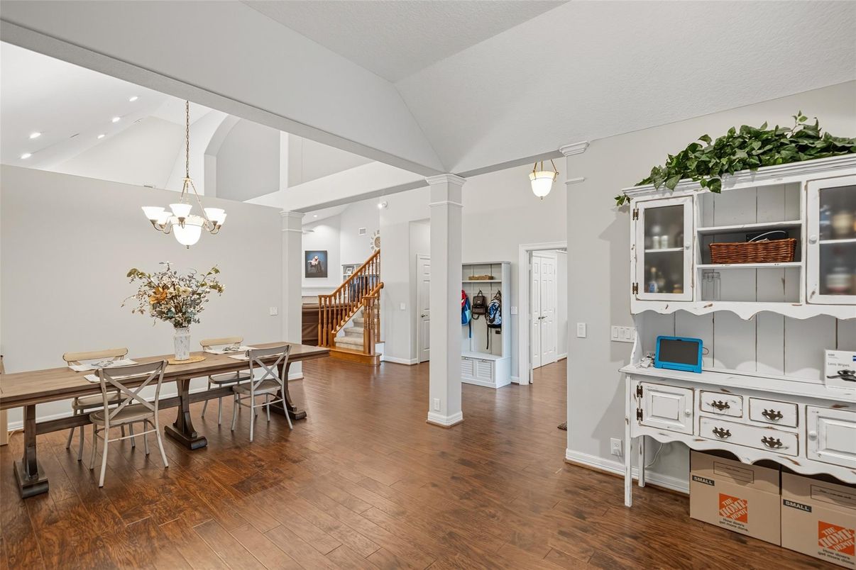 Chandelier, Dining room, Interior, Recessed Lighting, Wood Texture Flooring