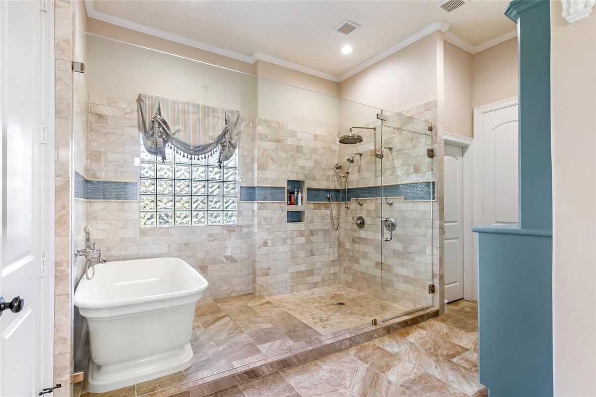 Bathroom, Free Standing Baths, Glass Shower, Interior, Recessed Lighting