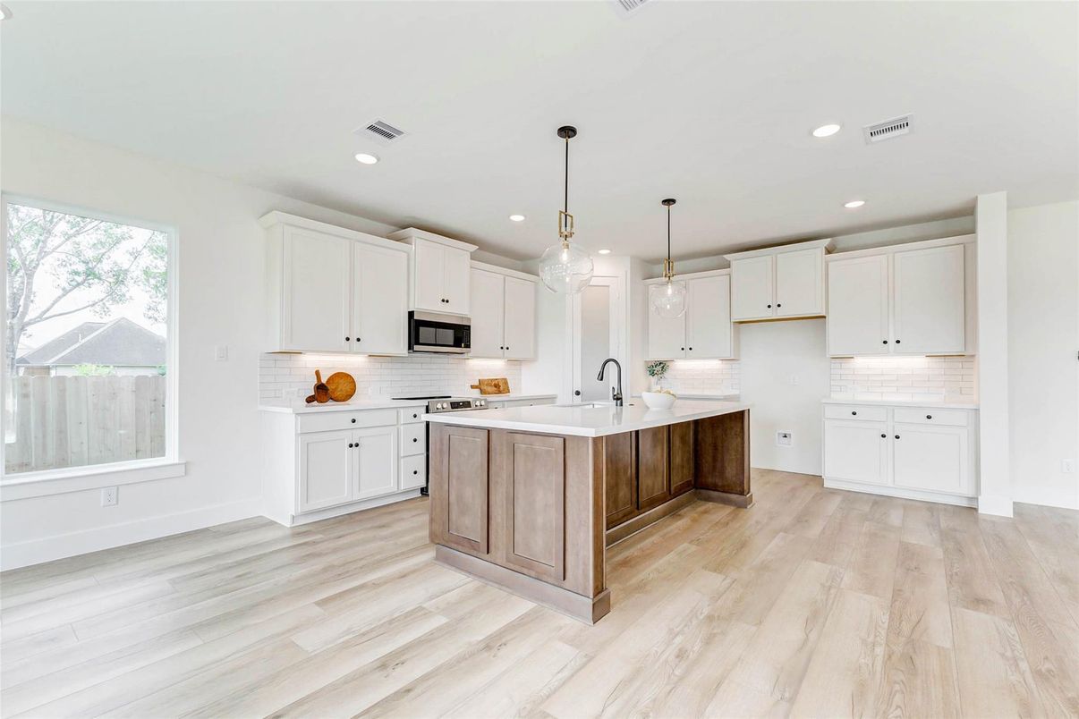 Interior, Kitchen, Pendant Lights, Recessed Lighting, Wood Texture Flooring
